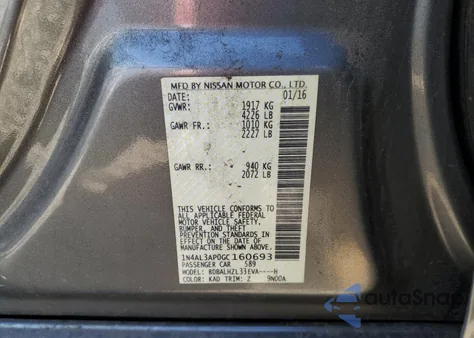 2016 Nissan Altima 2.5 from USA, damaged, VIN 1N4AL3AP0GC160693